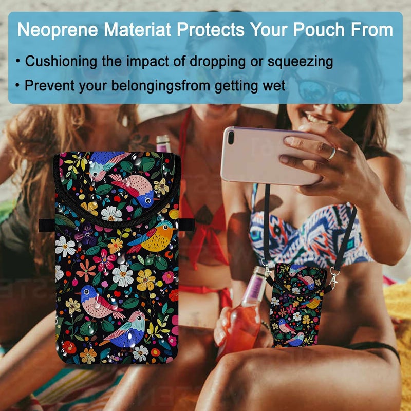 otilil Neoprene Cell Phone Sleeve Pouch Case Bag with Crossbody Strap Neck Lanyard for Women 7.5 X 4.3 in Flower Bird - Image 5
